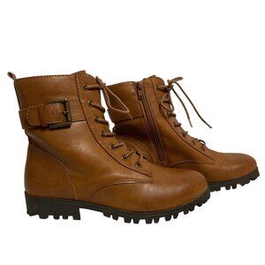 Women’s Kohl's SO Faux Leather Zip-Up Combat Boots with Buckle BROWN Size 9 Wide